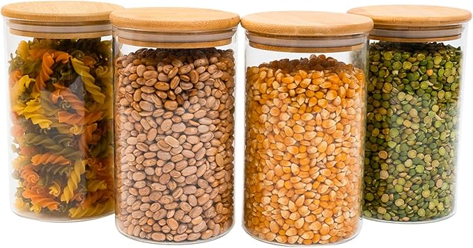 Kit 4 potes de vidro 1,1L tampa de bambu herméticos