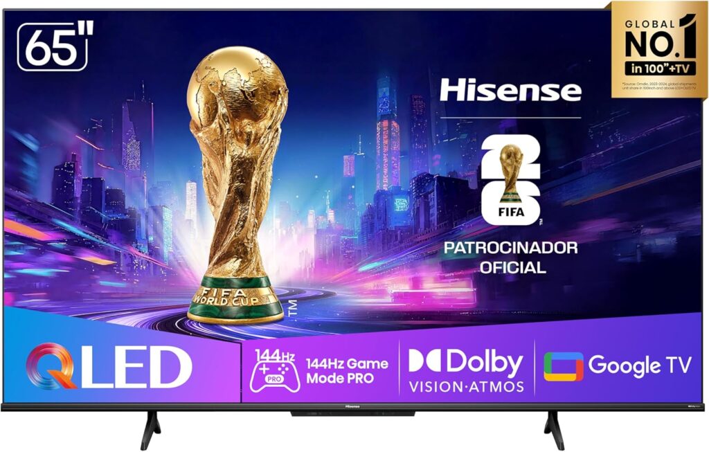 Smart TV Hisense 4K QLED 65″, 144Hz com Google TV e AMD FreeSync