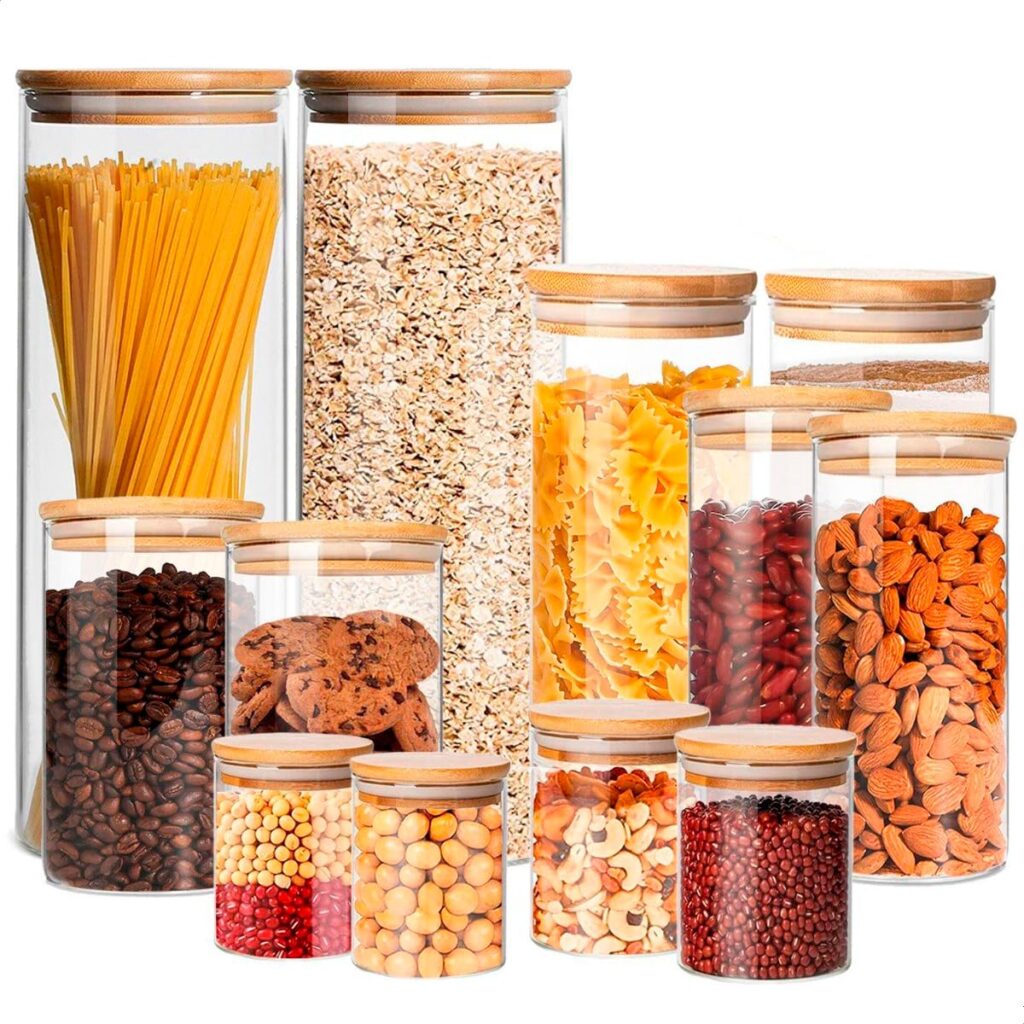 Kit 12 Potes Herméticos de Vidro com Tampa de Bambu