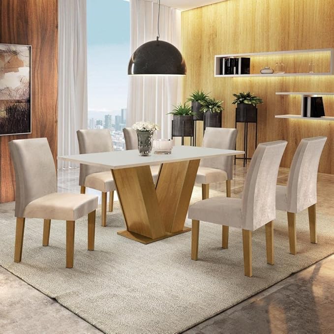 Conjunto Sala de Jantar Mesa Tampo MDF 6 Cadeiras Espanha Yescasa Ypê/Chocolate/Off White