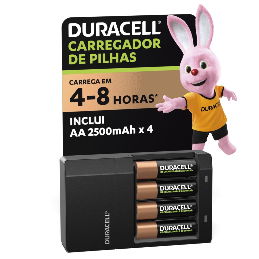 Carregador de Pilhas Recarregáveis Duracell com 4 Pilhas AA Inclusas