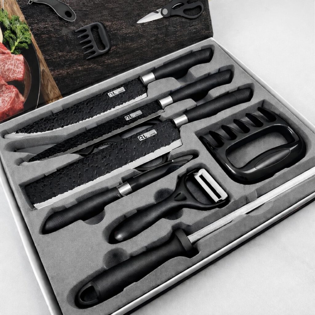 Kit Churrasco Premium 8 Peças – Facas em Aço Inox | Corte Navalha | Antiaderente