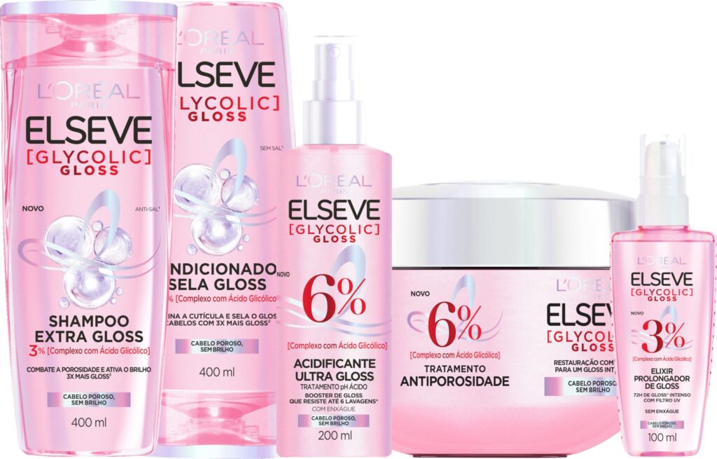 Kit L’Oréal Elseve Glycolic Gloss – 5 Produtos | Brilho e Alinhamento | Anti-Porosidade