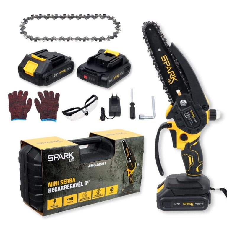 Mini Motosserra Elétrica SparkBR 6″ | 21V Recarregável | 2 Baterias | Maleta | Corrente Extra