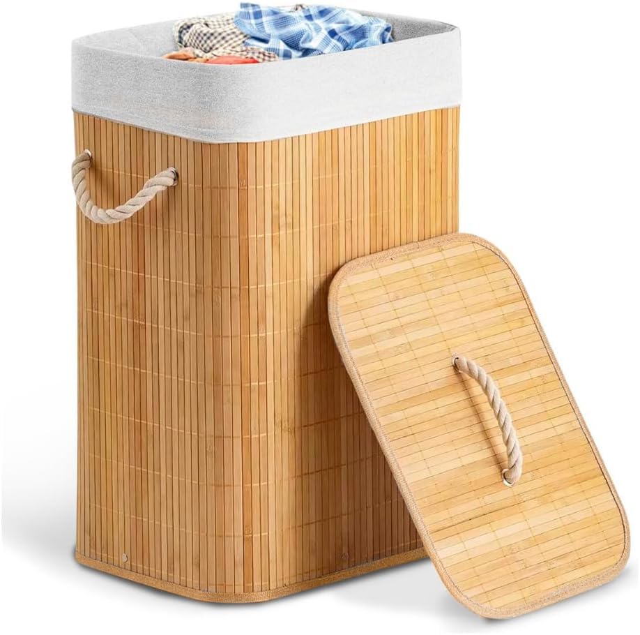 Cesto de Roupas Dobrável 70L | Bambu | Tampa | Forro Removível | Banheiro | Lavanderia | Brinquedos