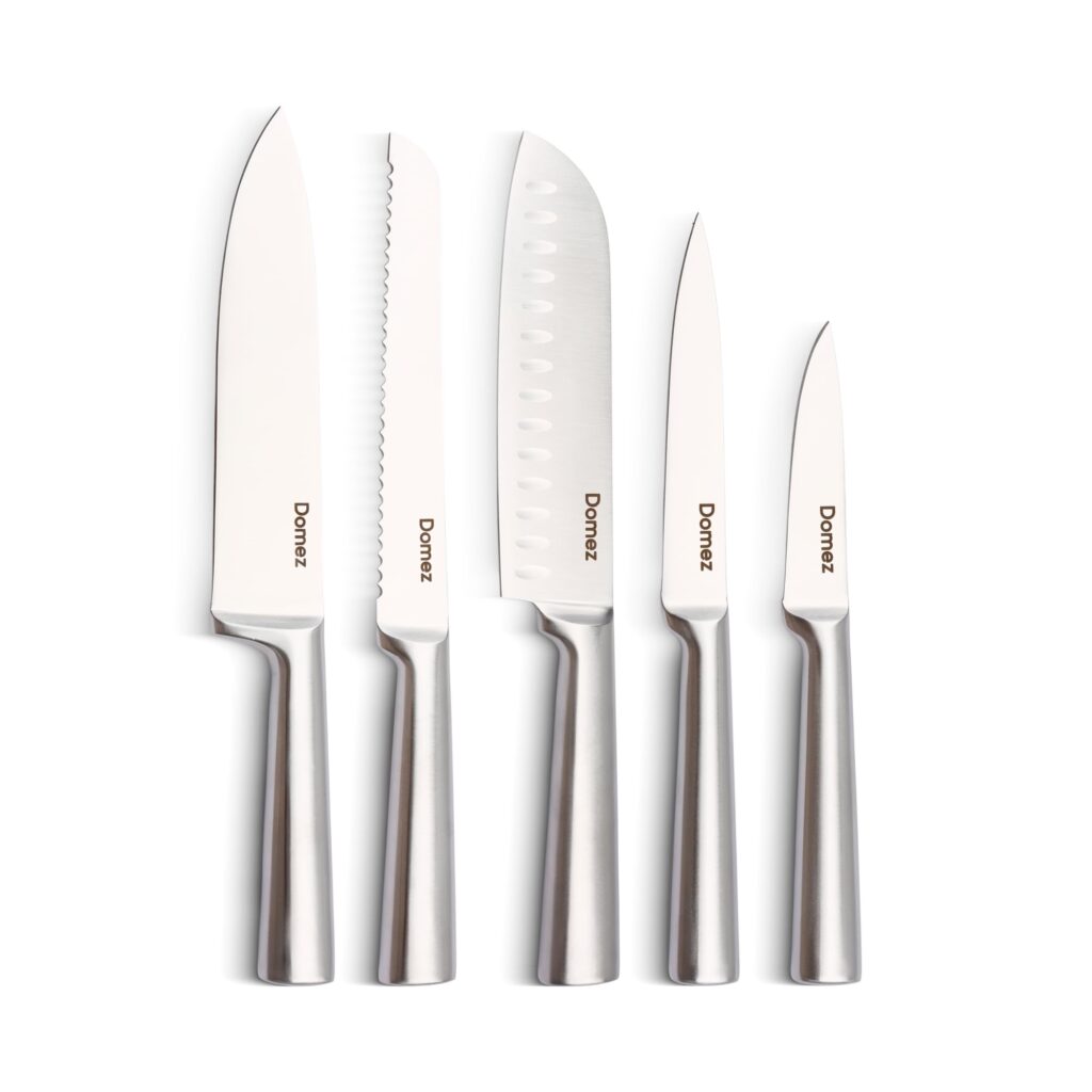 Jogo de Facas DOMEZ 5 Peças | Aço Inox 4Cr13 | Faca Chef/Pão/Churrasco