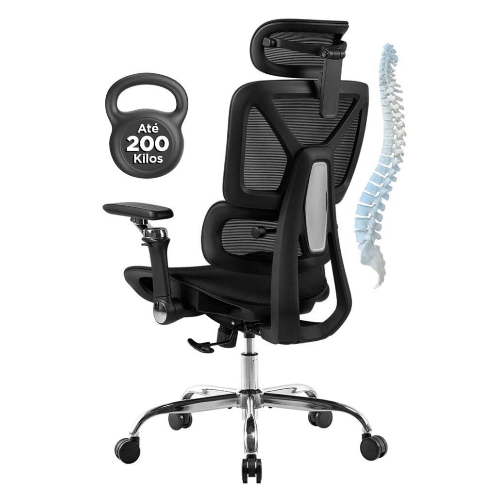 Cadeira Ergonômica Escritório Mesh | Ajuste Lombar | Braços 6D | Giratória | Até 200Kg | Home Office | Gamer | Executiva