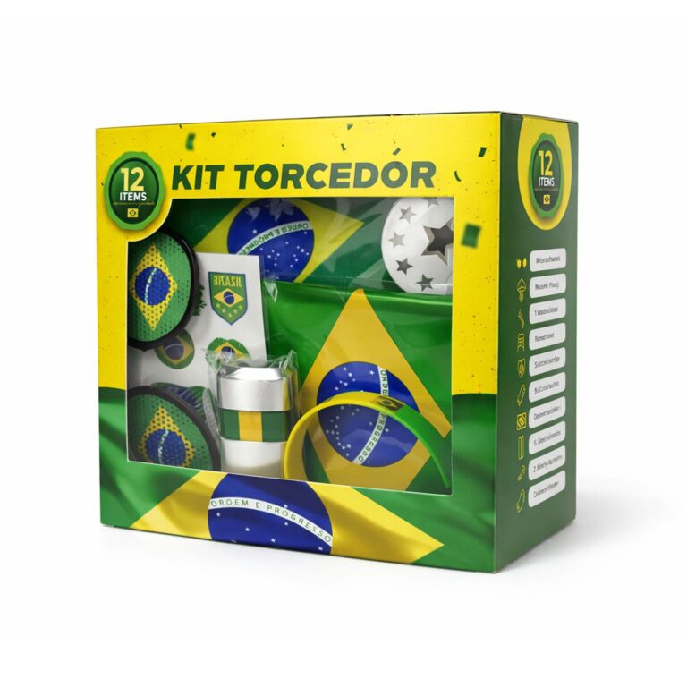 Kit Torcedor Brasil Copa do Mundo 2026 | 12 Peças | Bandeira | Pintura Facial | Óculos | Bastões Infláveis | Corneta | Calendário de Jogos | Caixa Presente